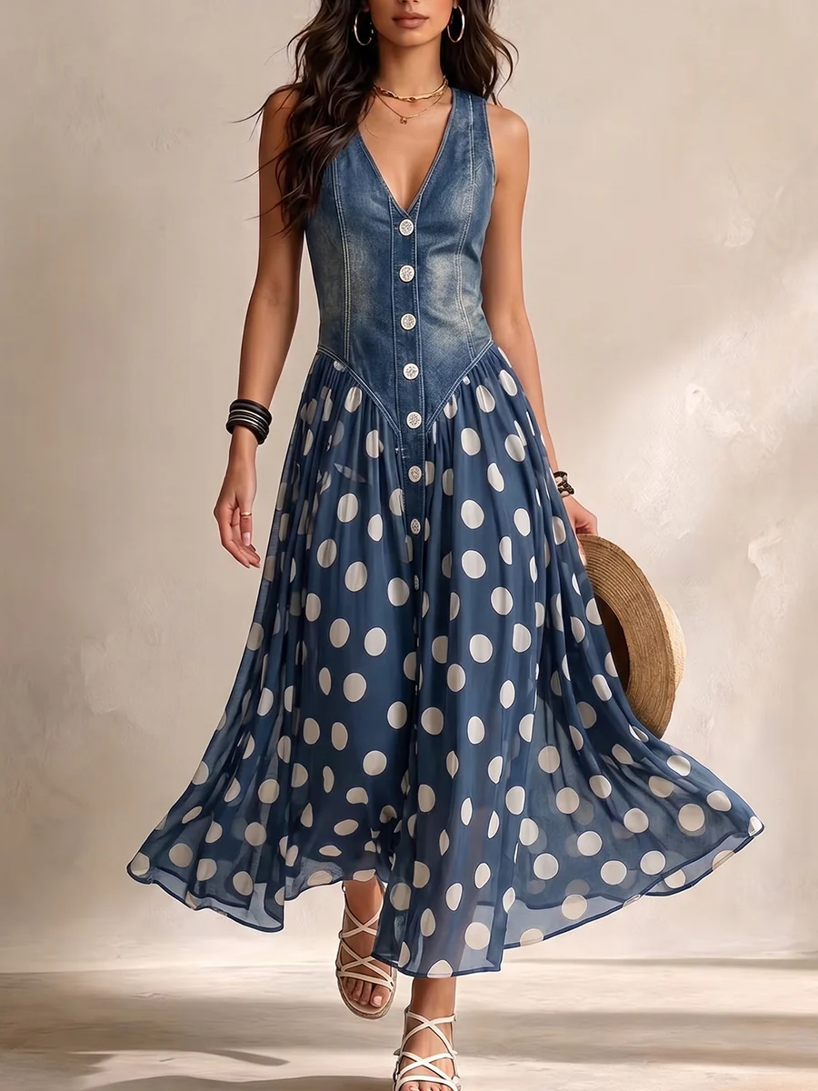 Bianca vestido midi de chiffon con lunares azul