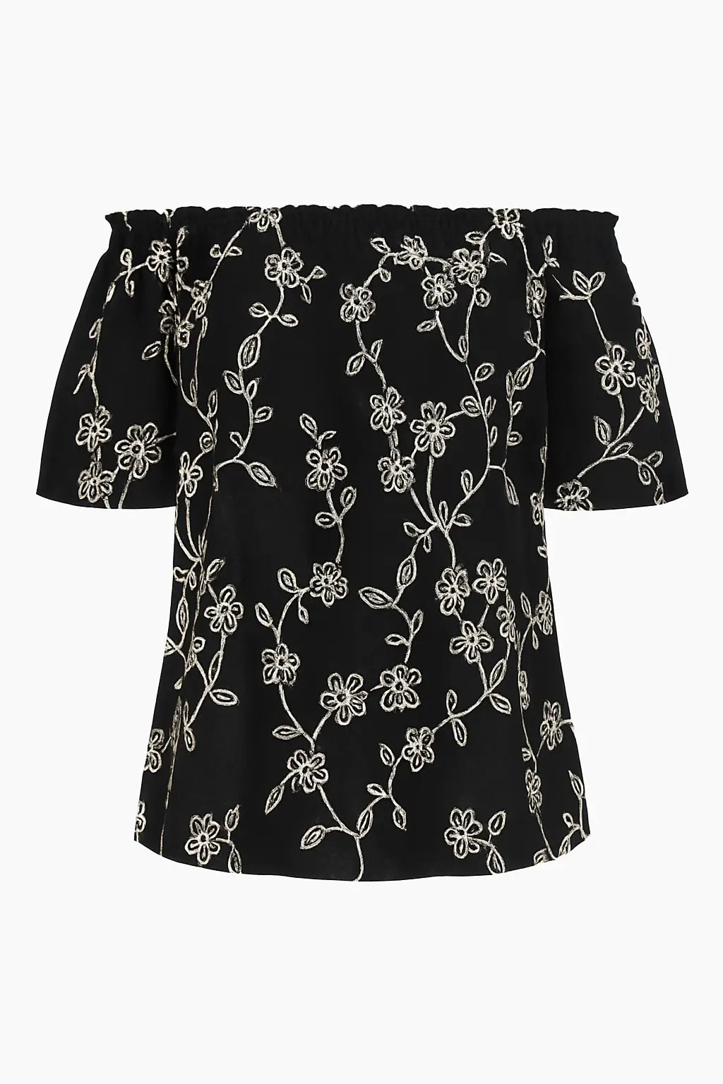 Blusa con cuello elástico en los hombros, de algodón bordado