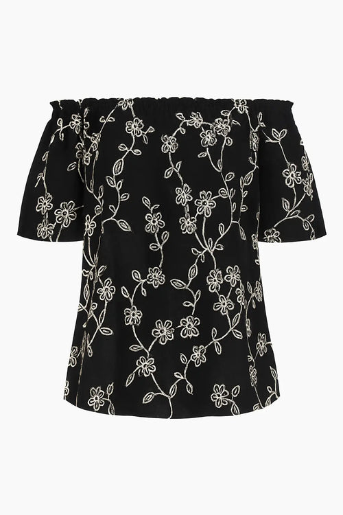 Blusa con cuello elástico en los hombros, de algodón bordado