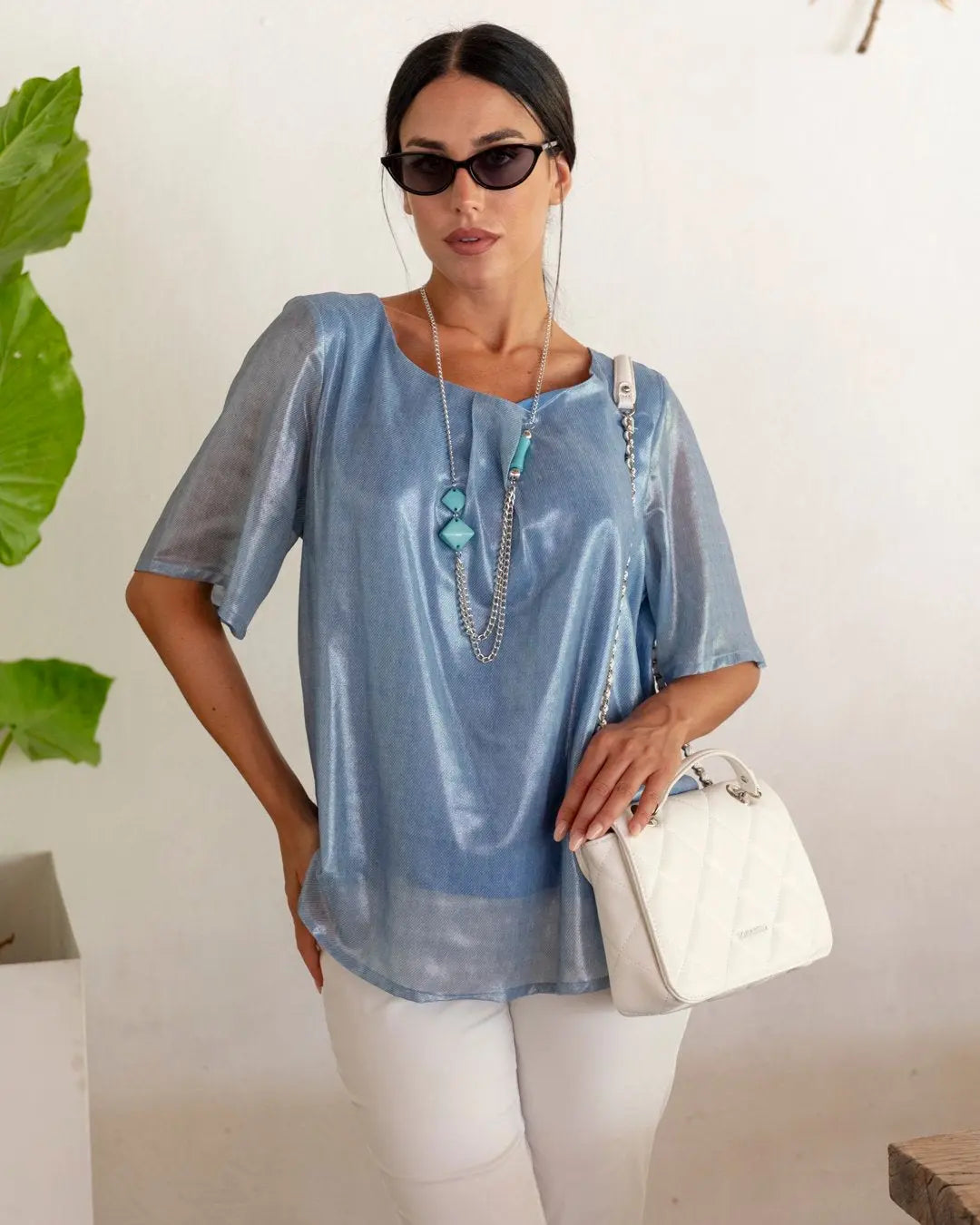 Blusa de cuello redondo con estampado geométrico y fruncido CELESTE