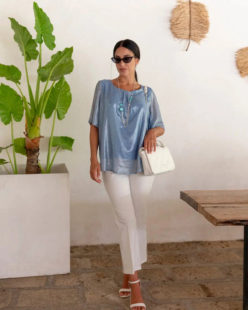 Blusa de cuello redondo con estampado geométrico y fruncido CELESTE