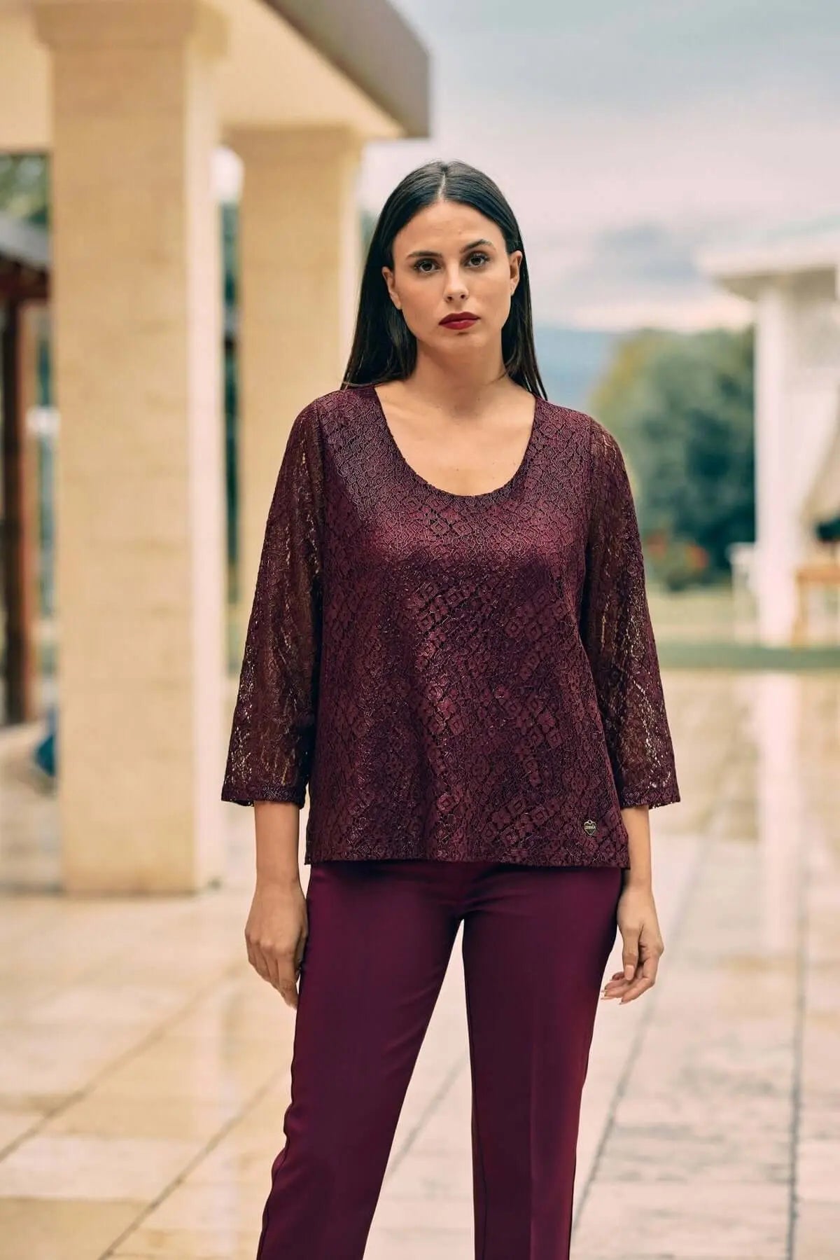 Blusa de encaje macramé laminado BURGUNDY