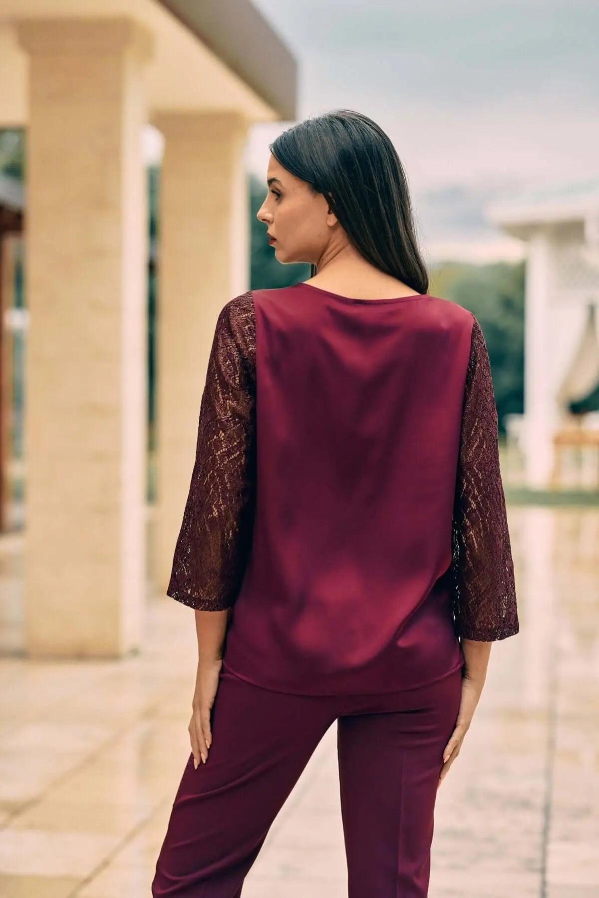Blusa de encaje macramé laminado BURGUNDY