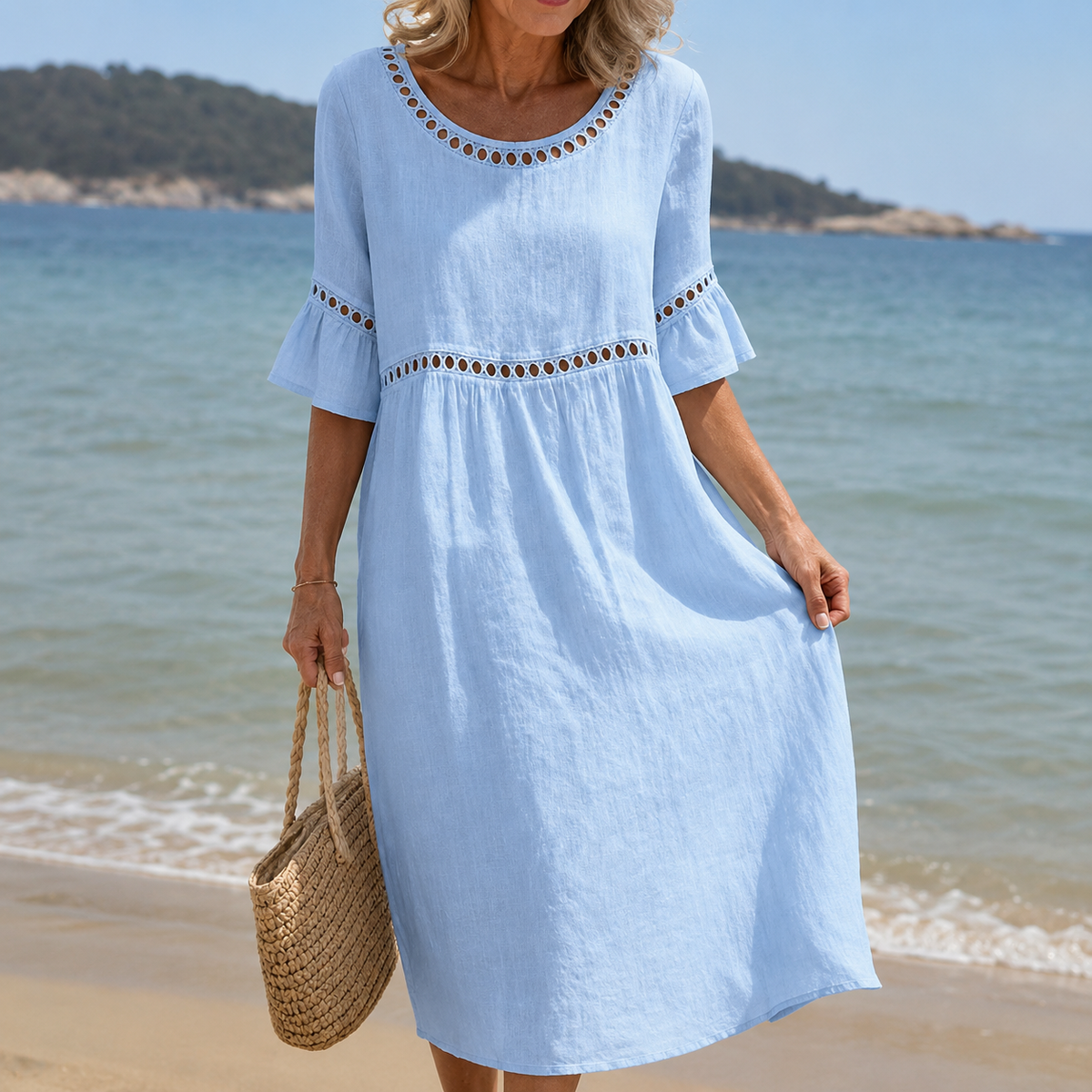 Hélène vestido largo de lino azul cielo