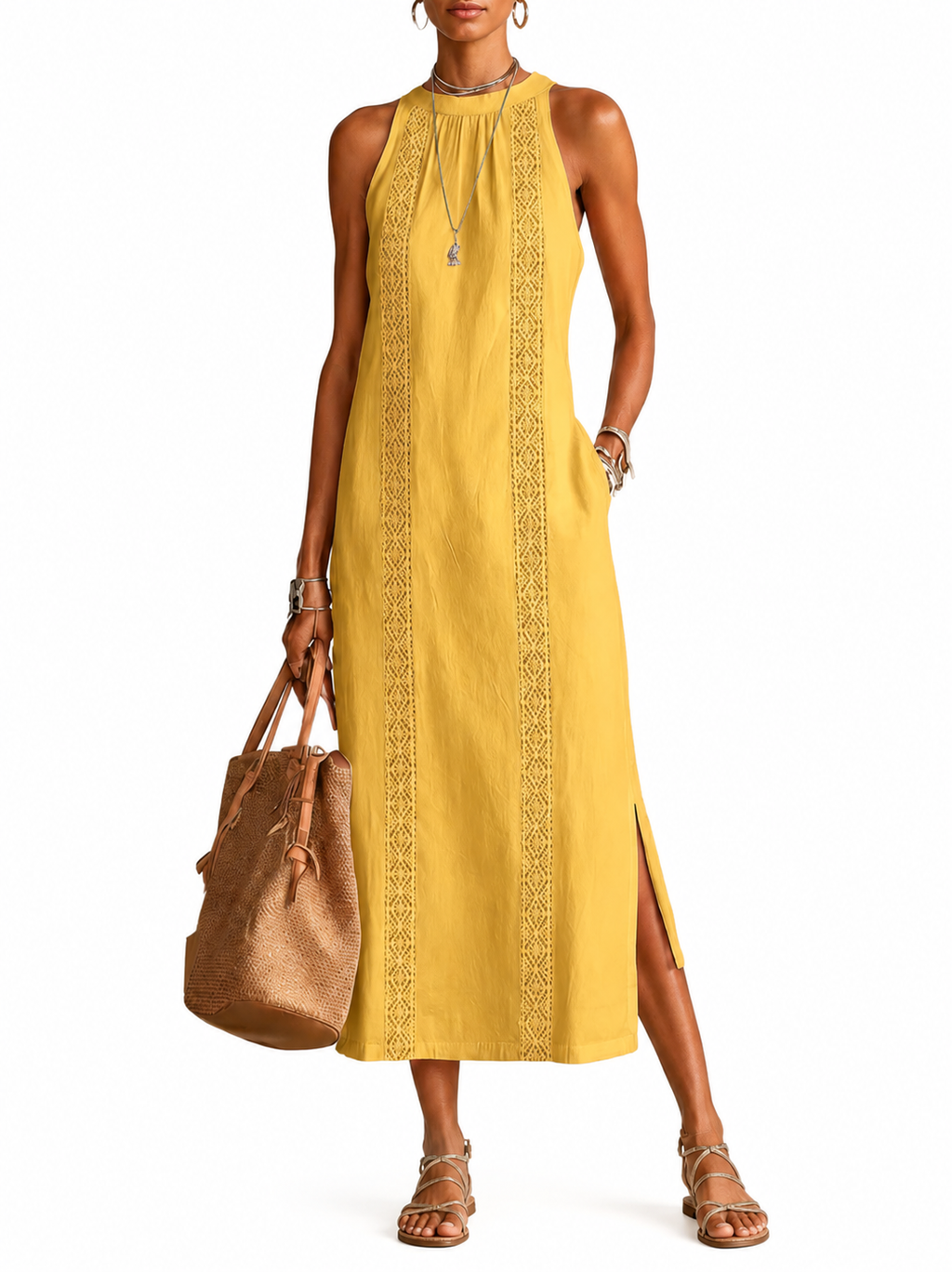 Sofía — Vestido Midi de Lino, Dorado