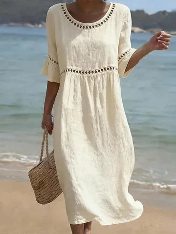 Hélène vestido largo de lino detalle de los calados